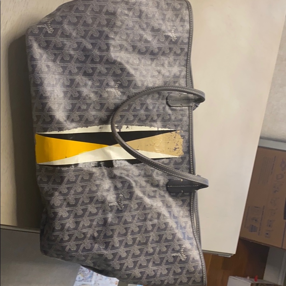 Goyard Gray Monogram Tote with Yellow and White Stripe